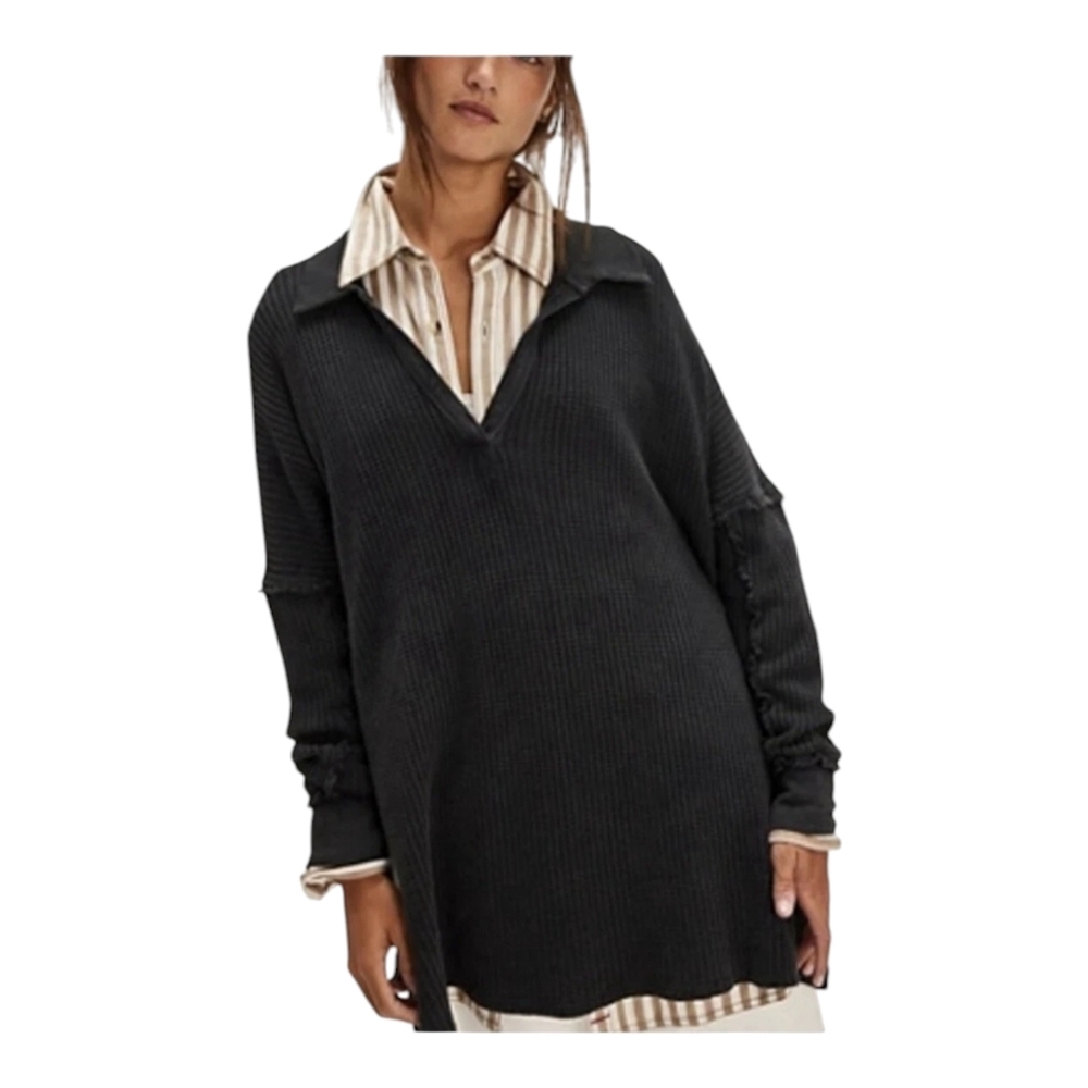 Free People We The Free Travis Polo Oversized Waffle Black Top